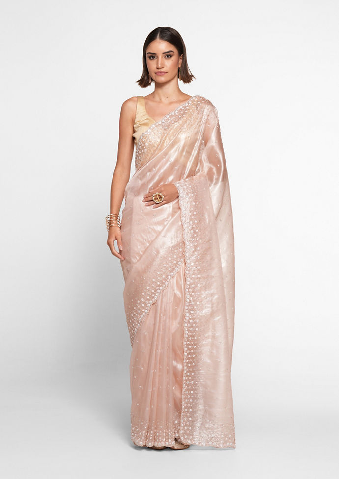 Twamev Women Twinkling Pink Hand Embroidery Saree