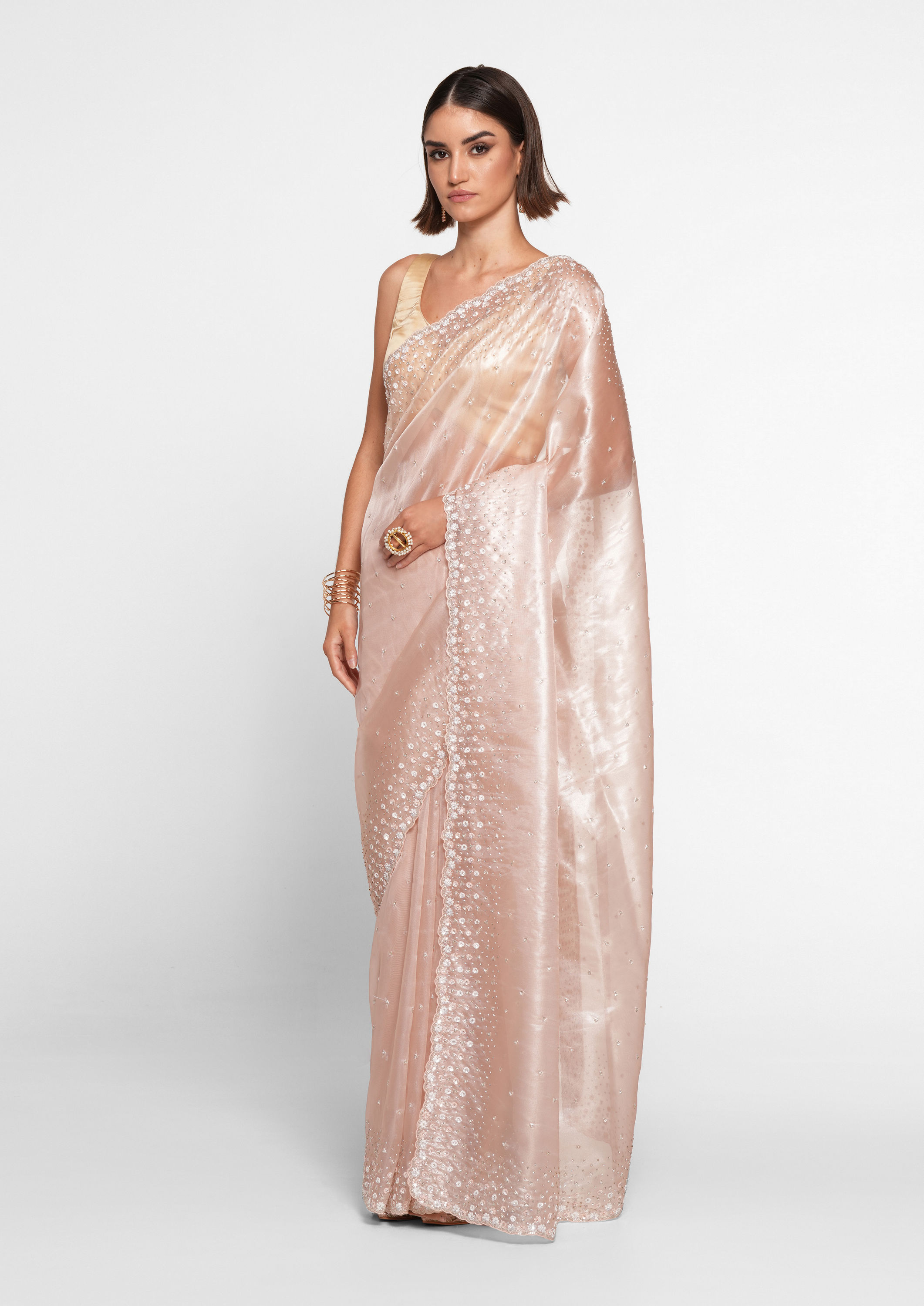Twamev Women Twinkling Pink Hand Embroidery Saree
