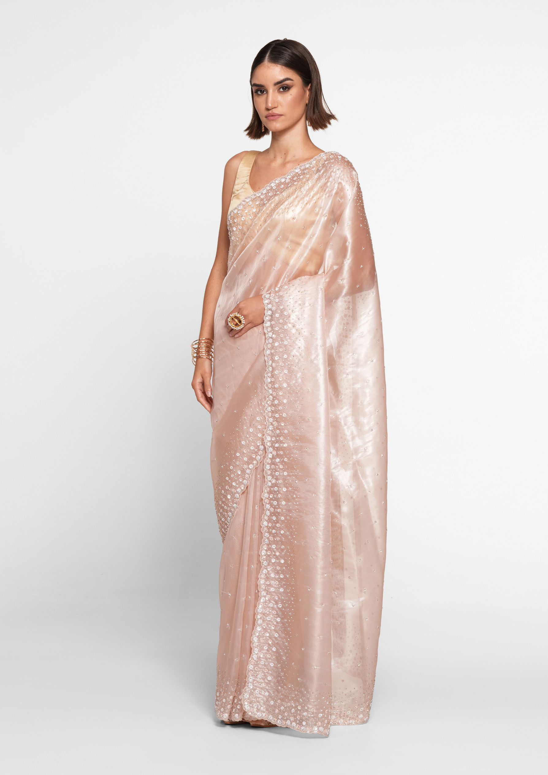 Twamev Women Twinkling Pink Hand Embroidery Saree