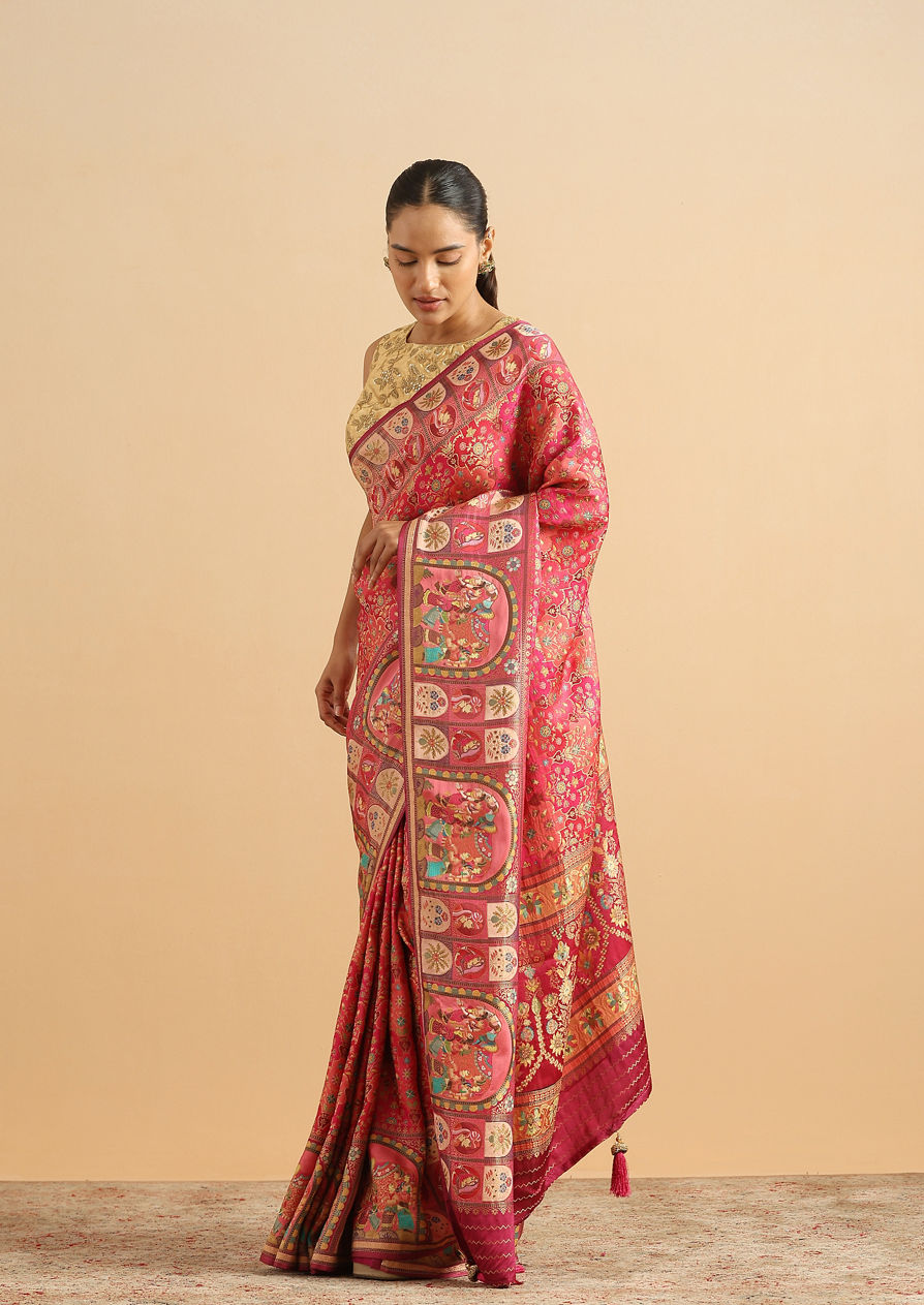 alt message - Twamev Women Royal Blossom Rani Pink Saree image number 3