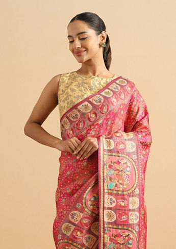 alt message - Twamev Women Royal Blossom Rani Pink Saree image number 1