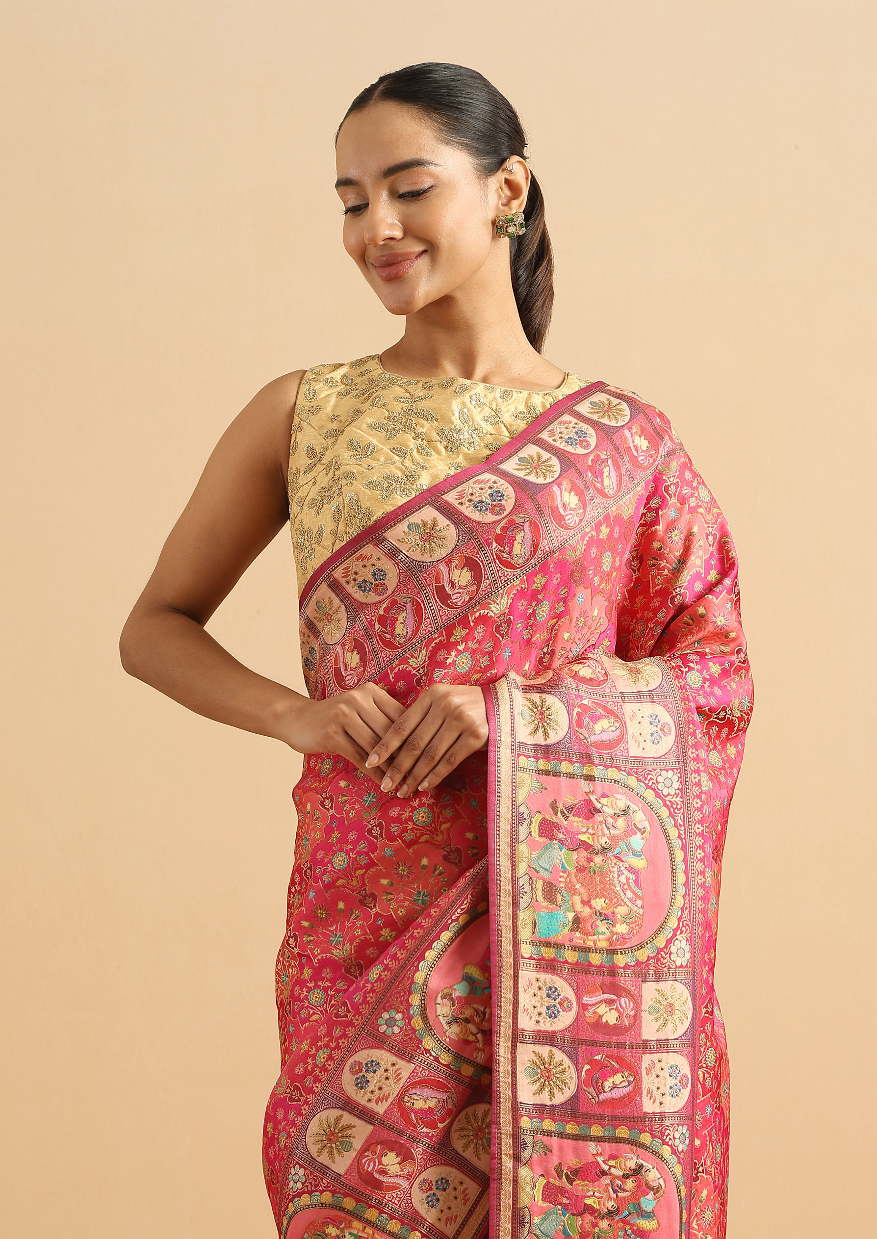 alt message - Twamev Women Royal Blossom Rani Pink Saree image number 1