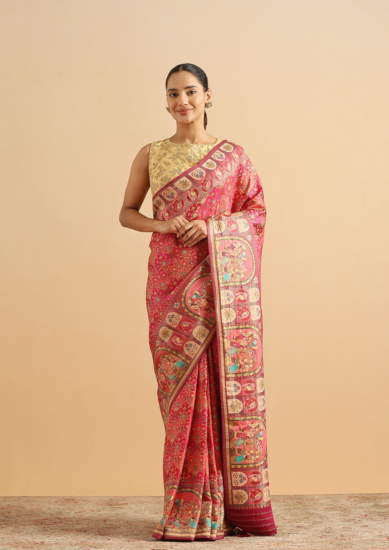 alt message - Twamev Women Royal Blossom Rani Pink Saree image number 0