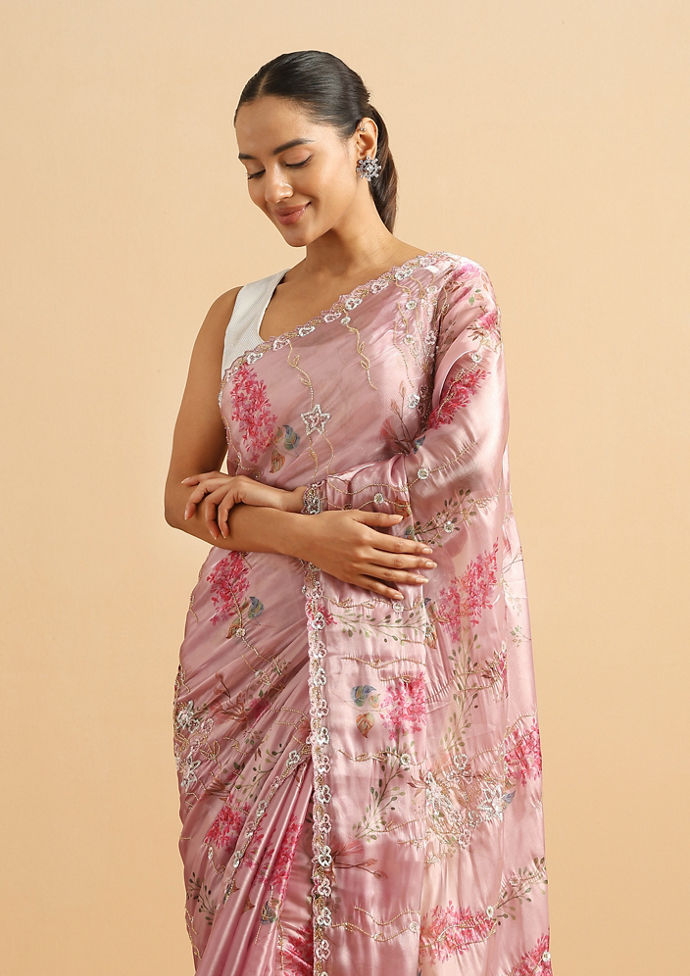Twamev Women Majestic Purple Floral Organza Saree