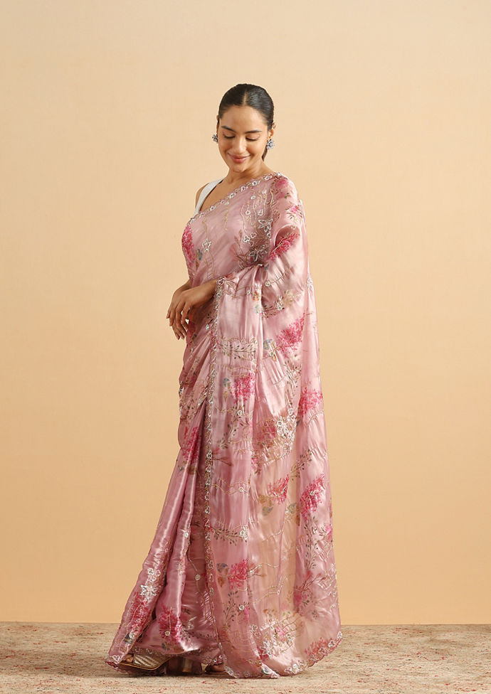 Twamev Women Majestic Purple Floral Organza Saree