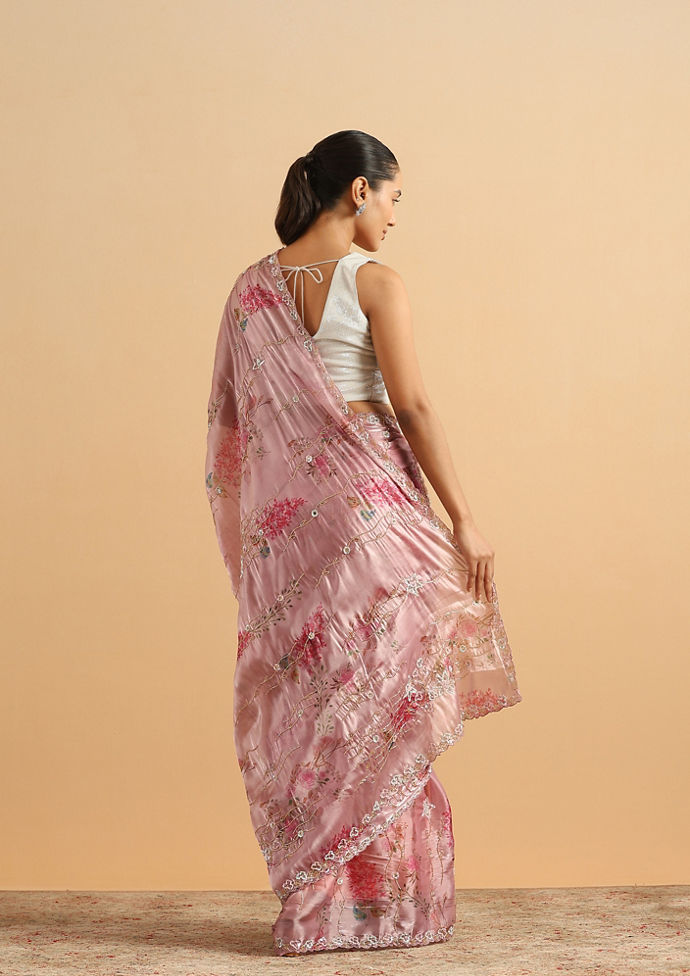 Twamev Women Majestic Purple Floral Organza Saree