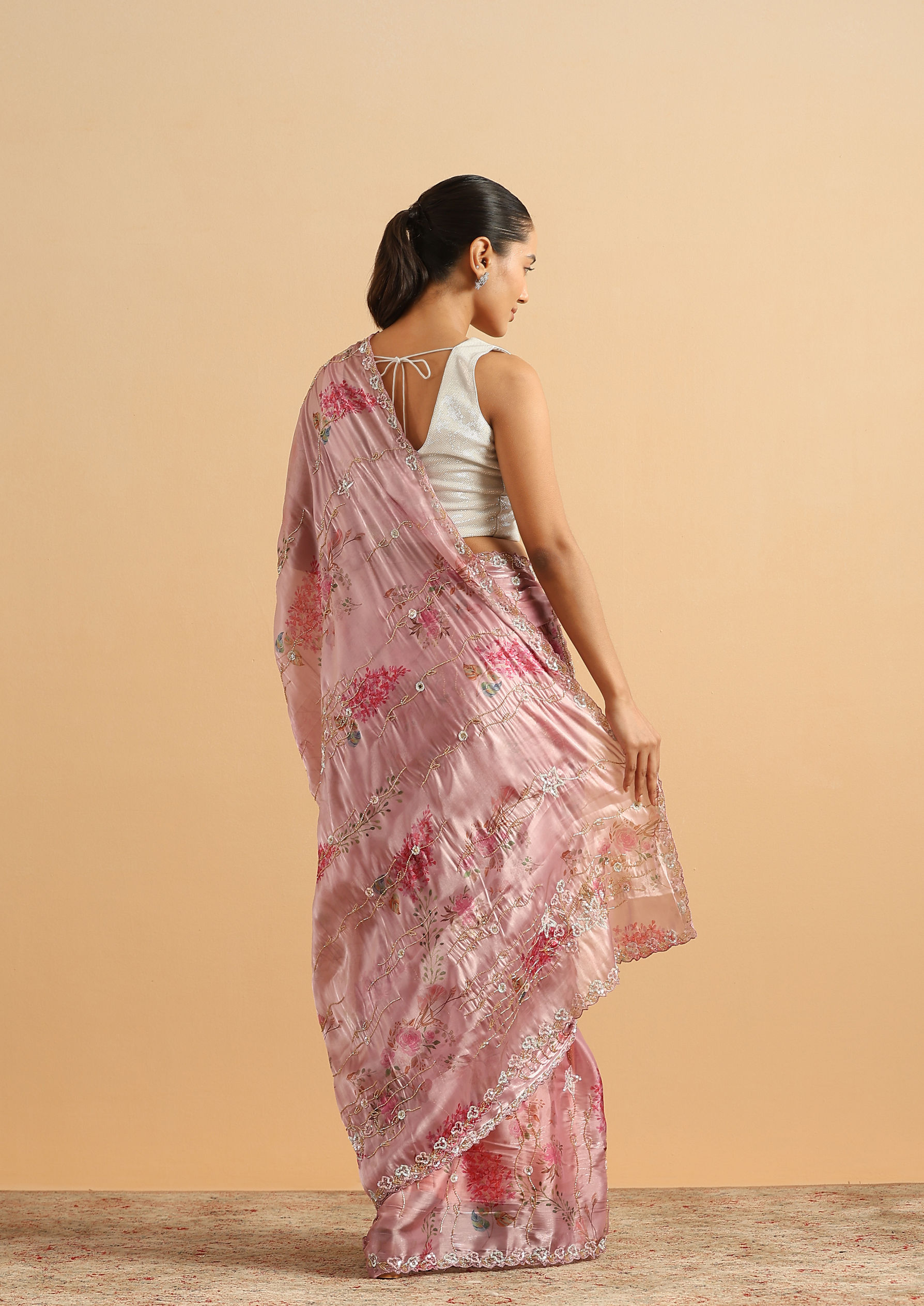 Twamev Women Majestic Purple Floral Organza Saree