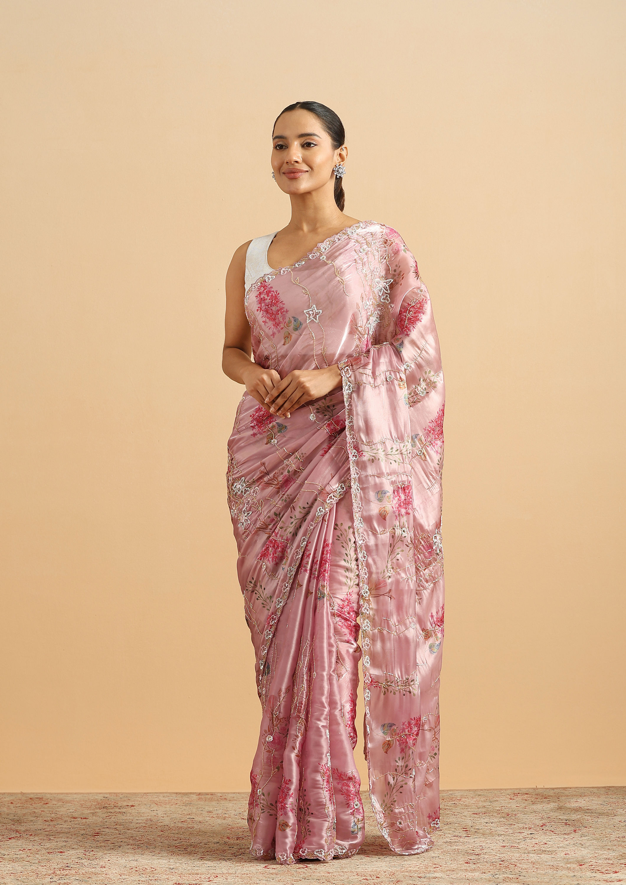 Twamev Women Majestic Purple Floral Organza Saree