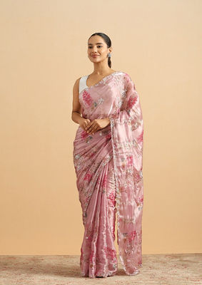 alt message - Twamev Women Majestic Purple Floral Organza Saree image number 0