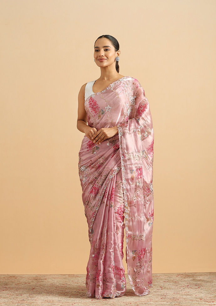 Twamev Women Majestic Purple Floral Organza Saree