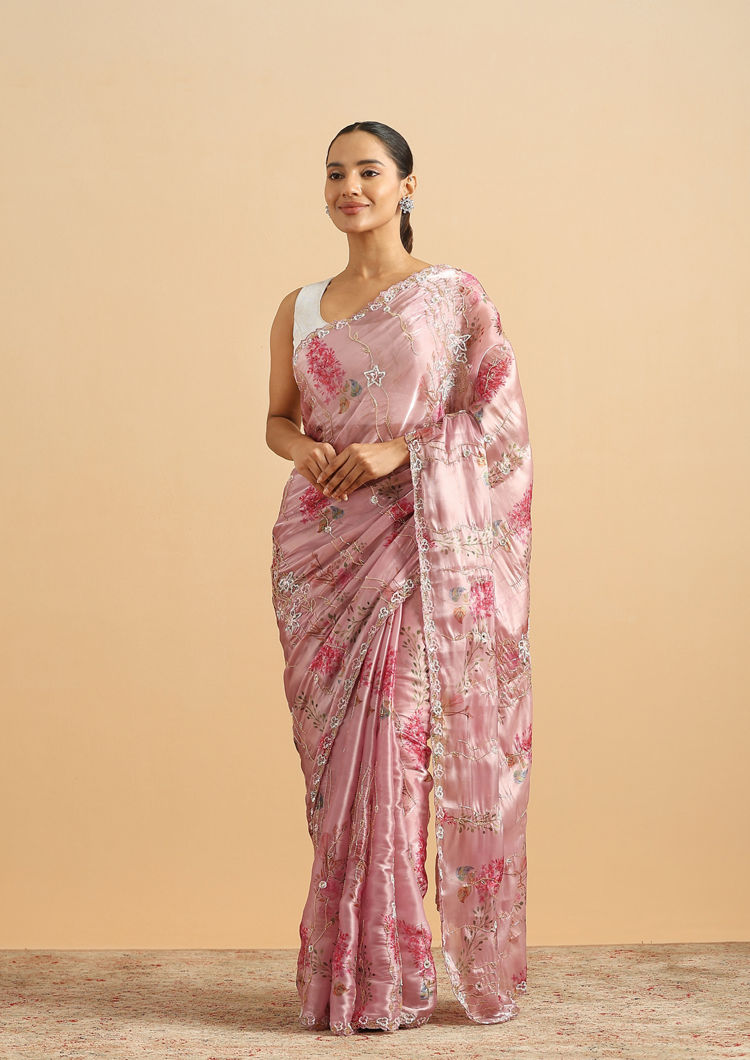 Twamev Women Majestic Purple Floral Organza Saree