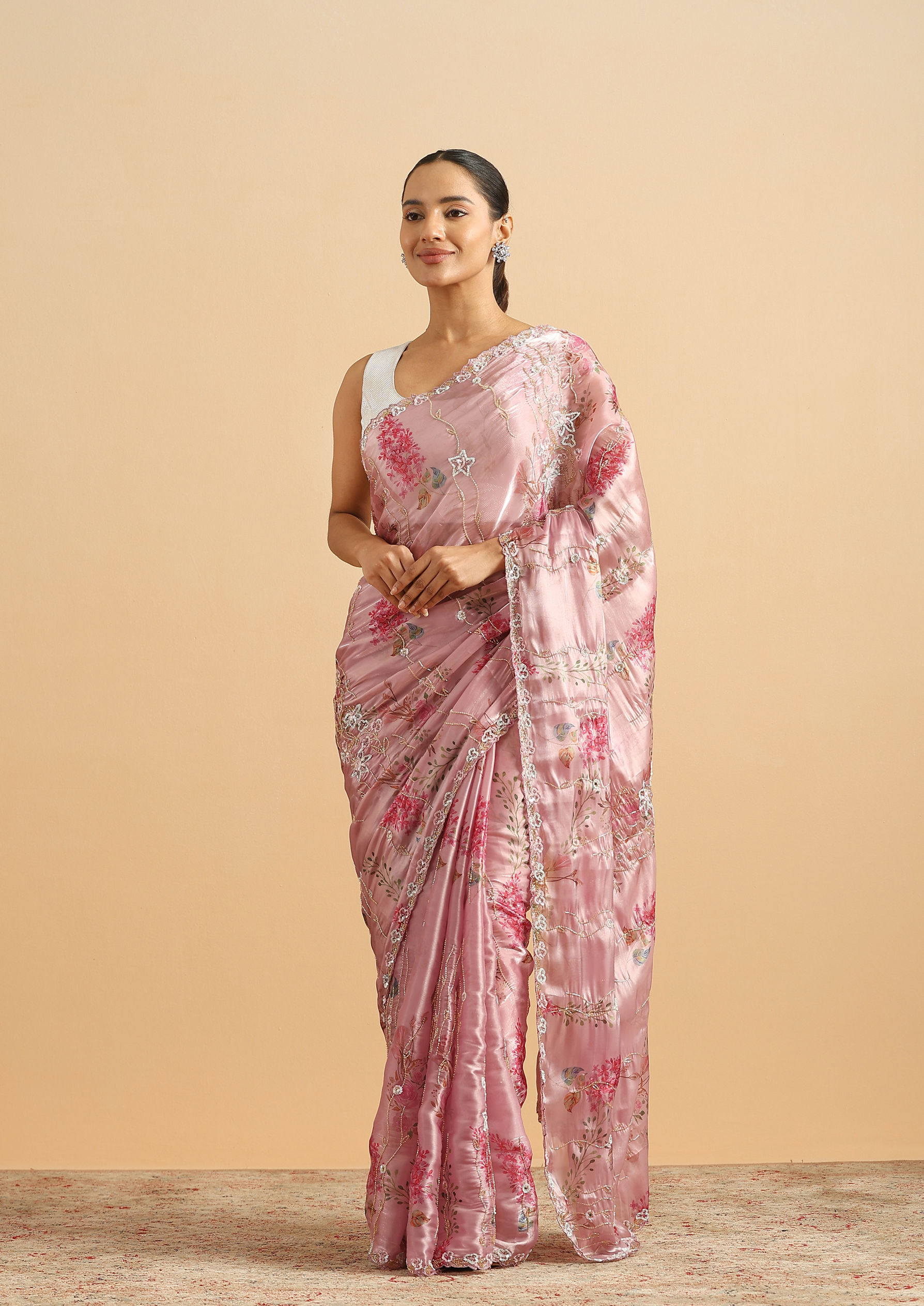 Twamev Women Majestic Purple Floral Organza Saree
