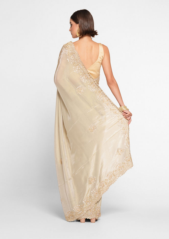 Twamev Women Elegant Cream Saree in Organza with Precise Embellishments