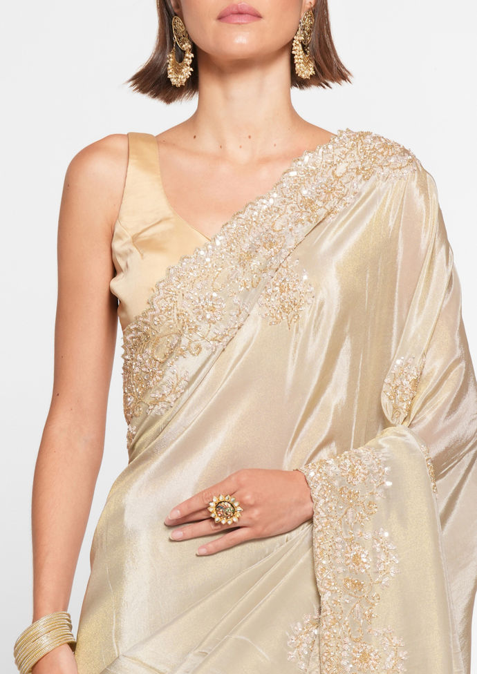 Twamev Women Elegant Cream Saree in Organza with Precise Embellishments