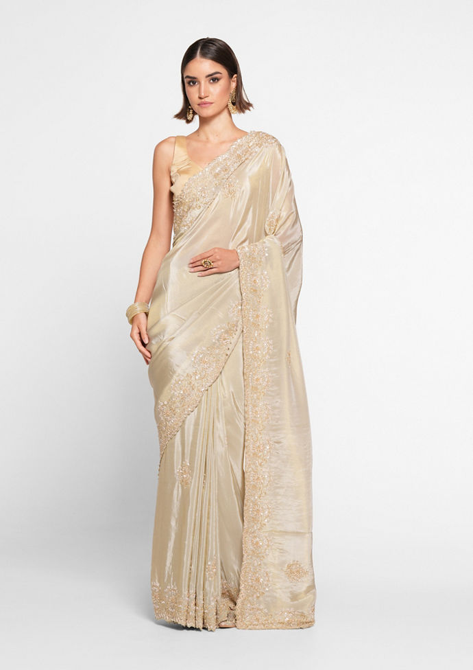Twamev Women Elegant Cream Saree in Organza with Precise Embellishments