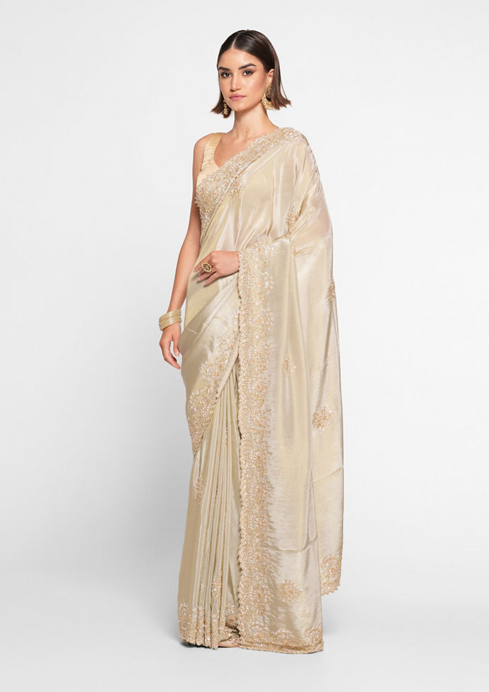 Twamev Women Elegant Cream Saree in Organza with Precise Embellishments