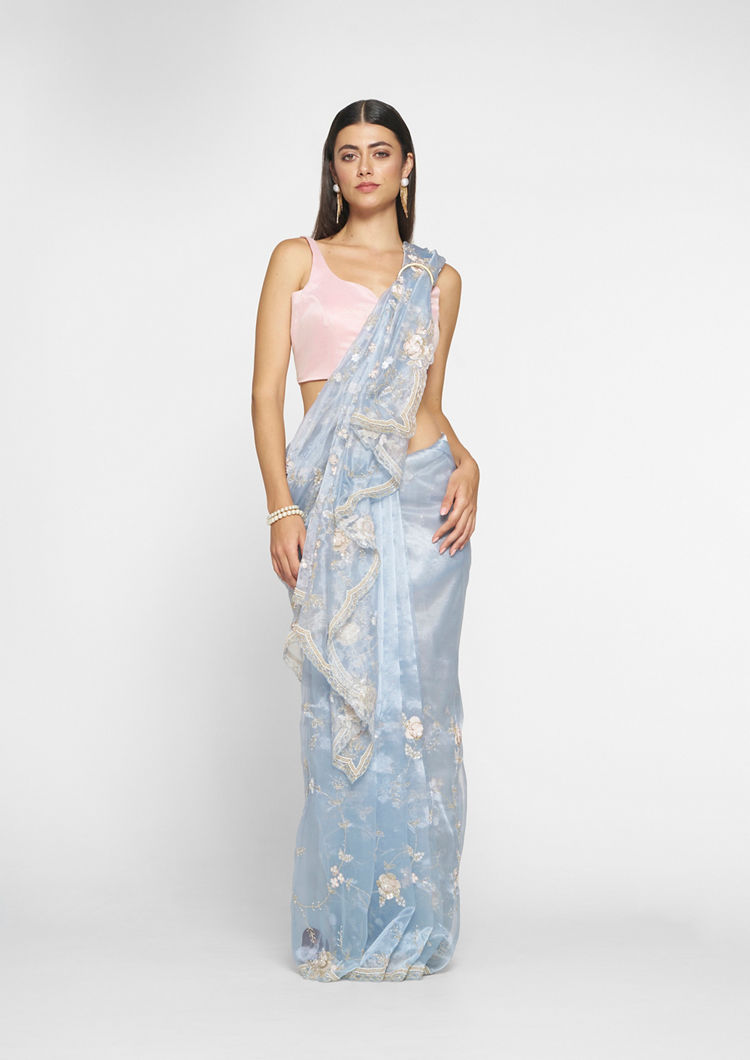 Twamev Women Twinkling Light Blue Tissue Saree