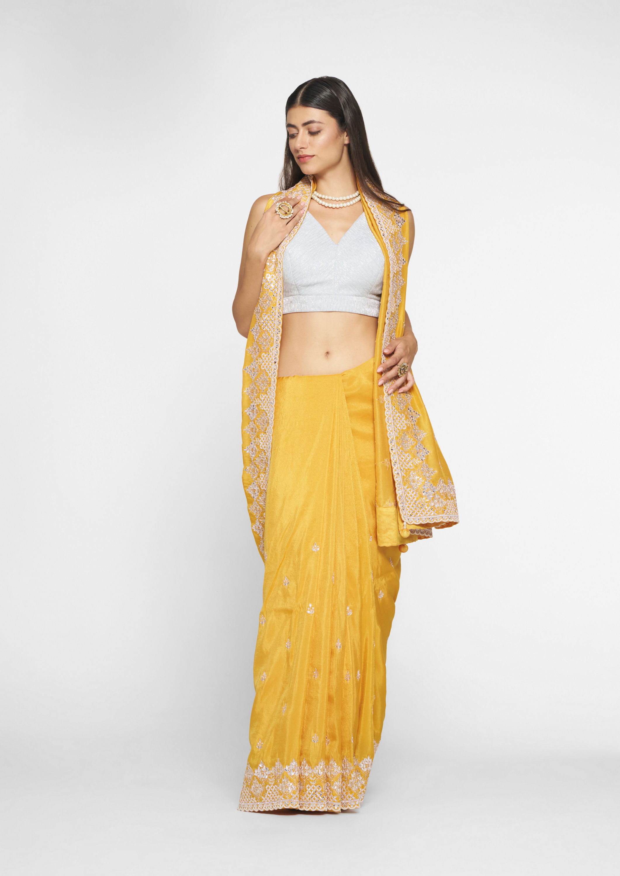 Twamev Women Mustard Elegance Tissue Saree