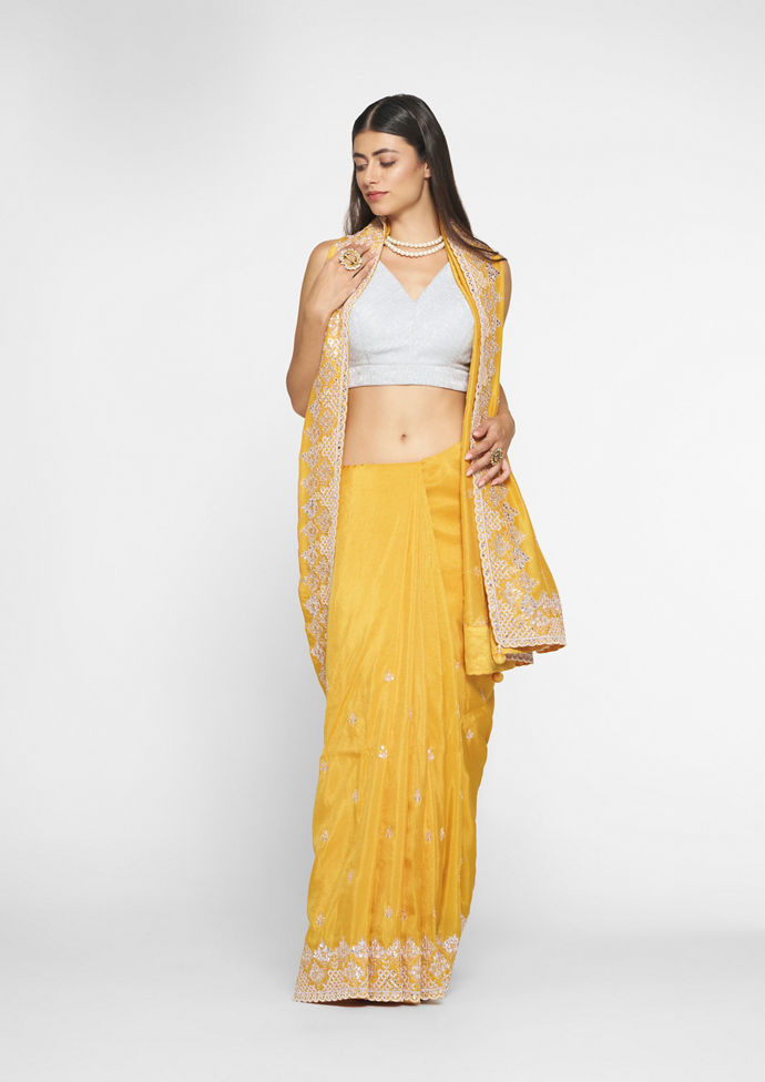 Twamev Women Mustard Elegance Tissue Saree