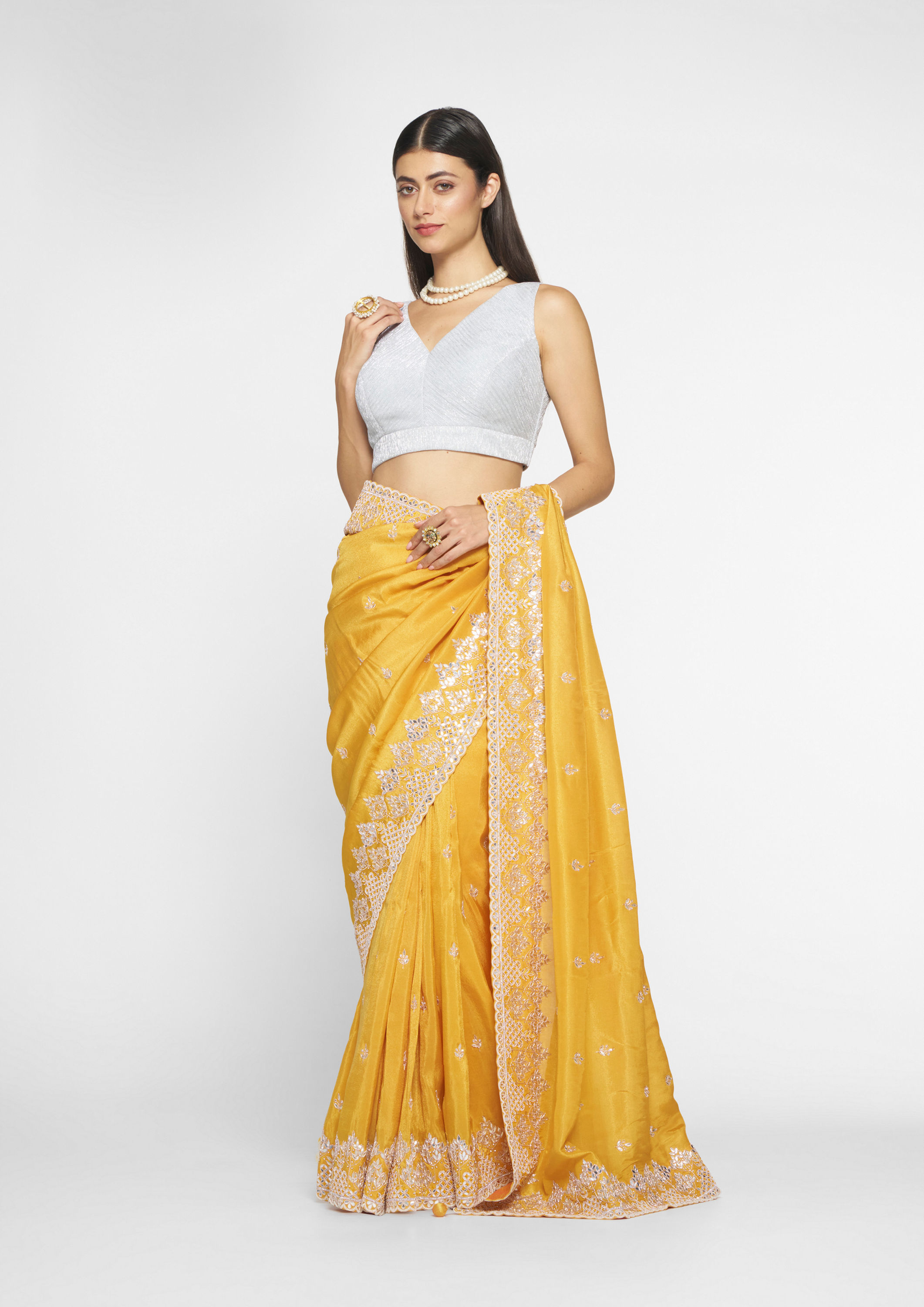 Twamev Women Mustard Elegance Tissue Saree