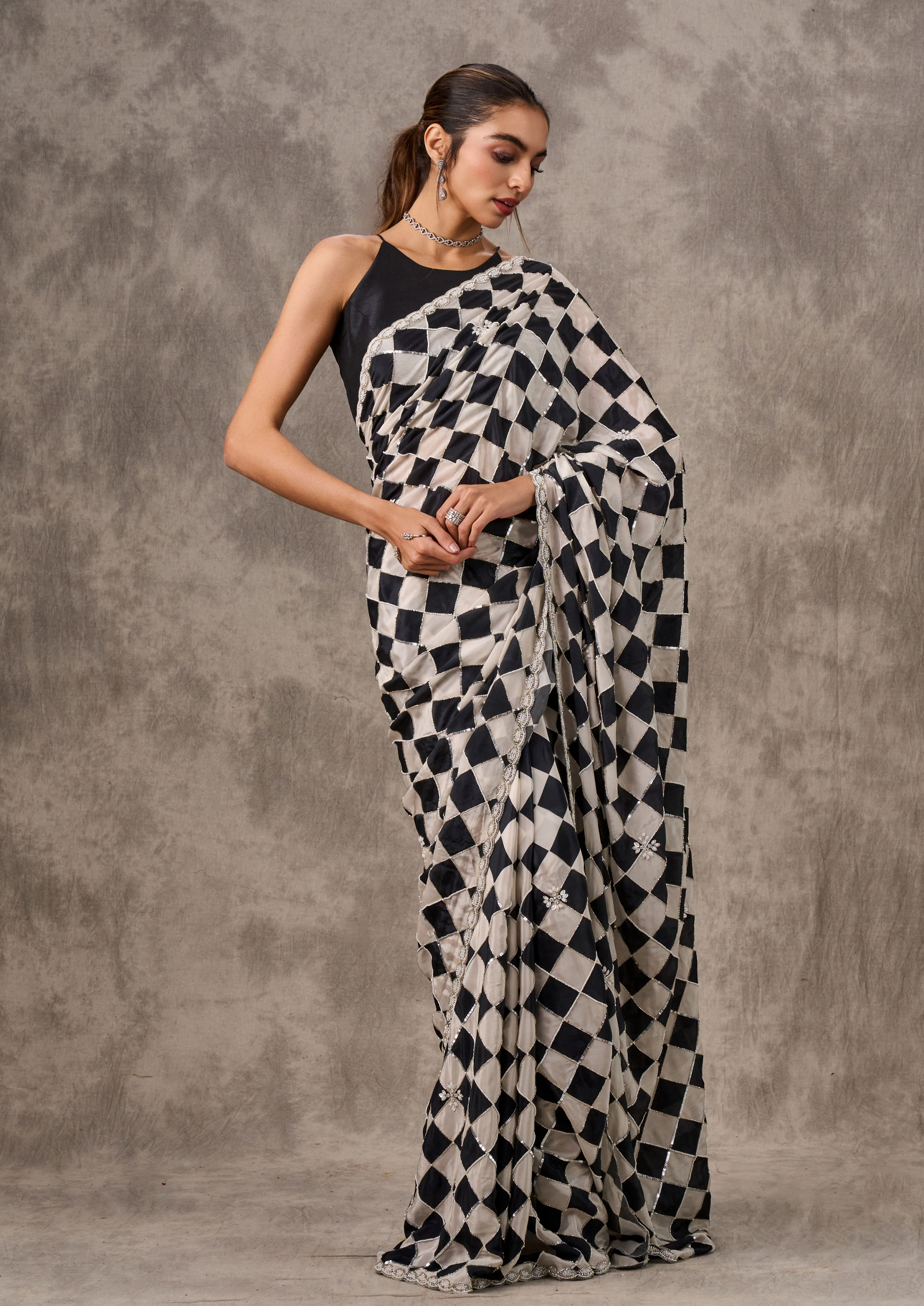 Twamev Women Twilight Black Chinon Saree