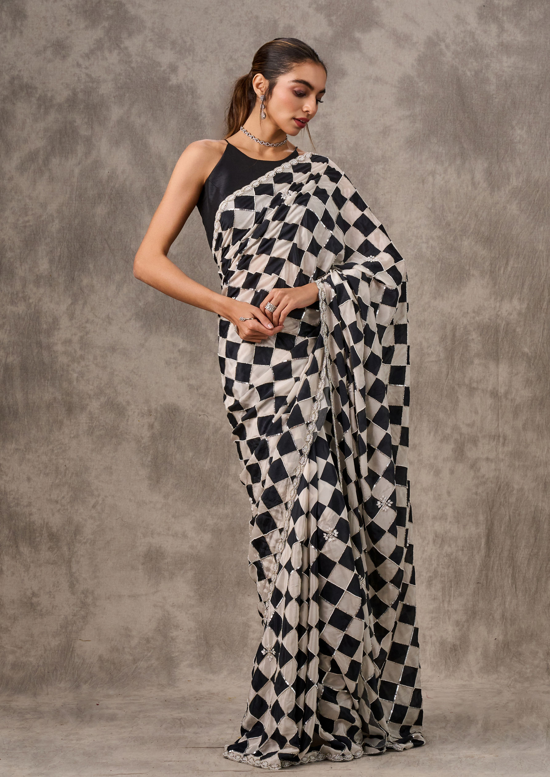 Twamev Women Twilight Black Chinon Saree