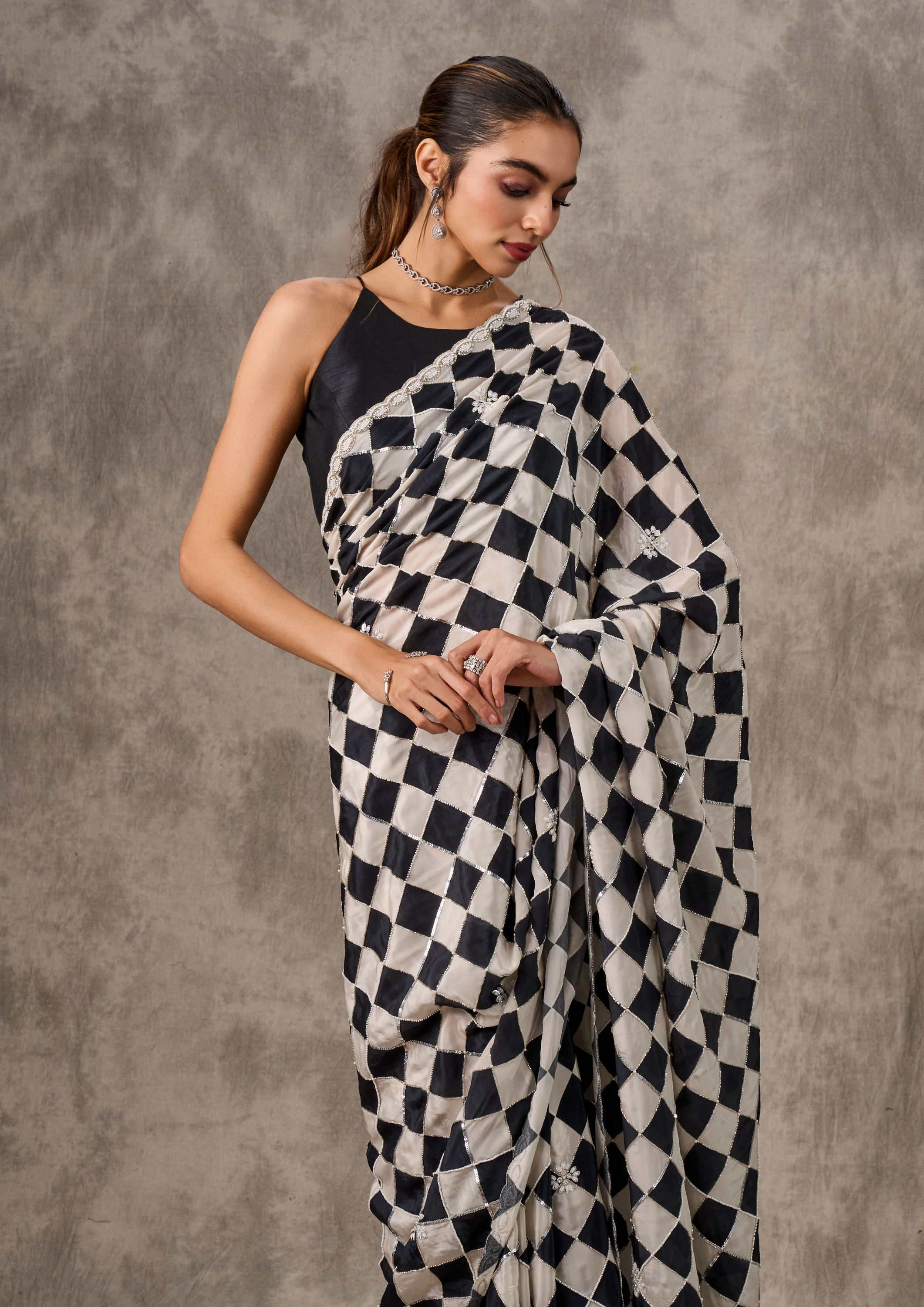 Twamev Women Twilight Black Chinon Saree