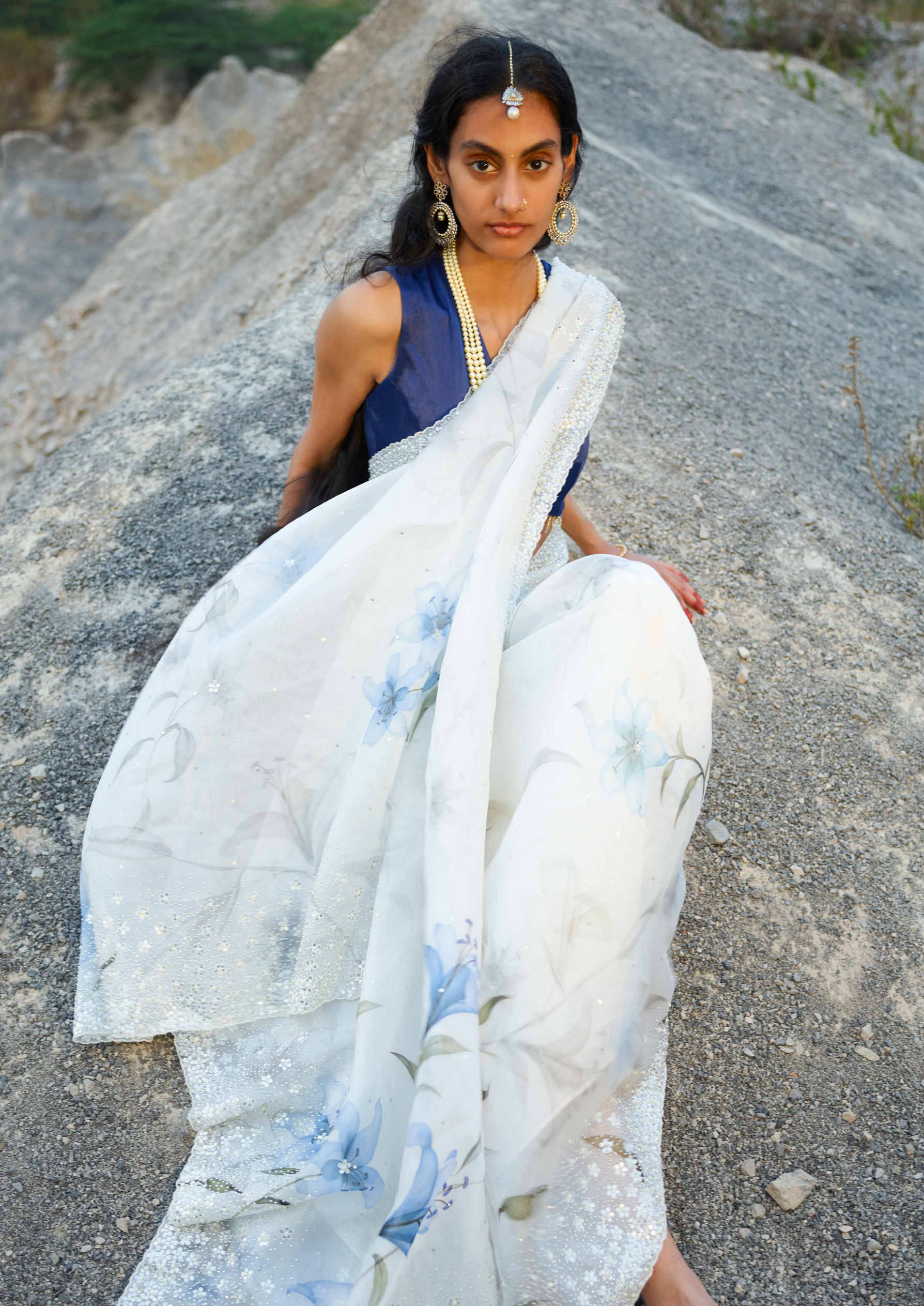 Twamev Women Cloud Cream Hand Embroidered Sequined Saree with Navy Blue Blouse