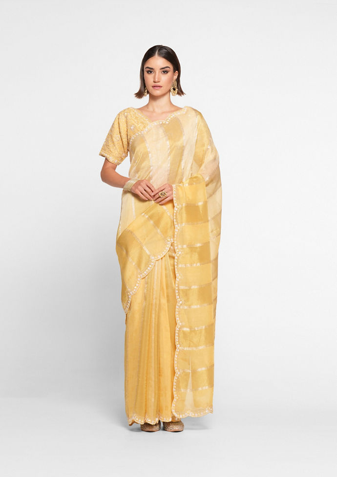 Twamev Women Majestic Light Yellow Organza Saree