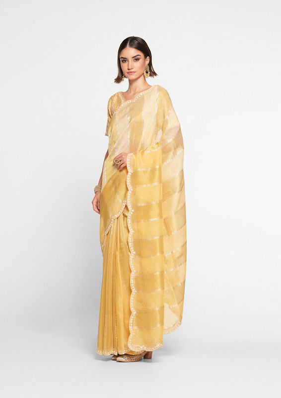 Twamev Women Majestic Light Yellow Organza Saree