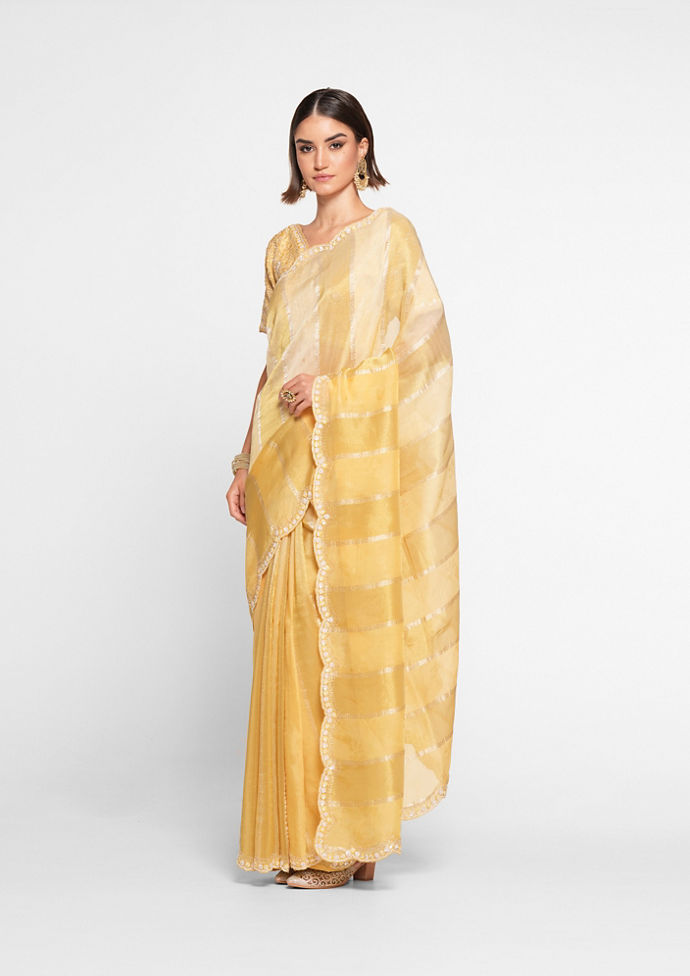 Twamev Women Majestic Light Yellow Organza Saree