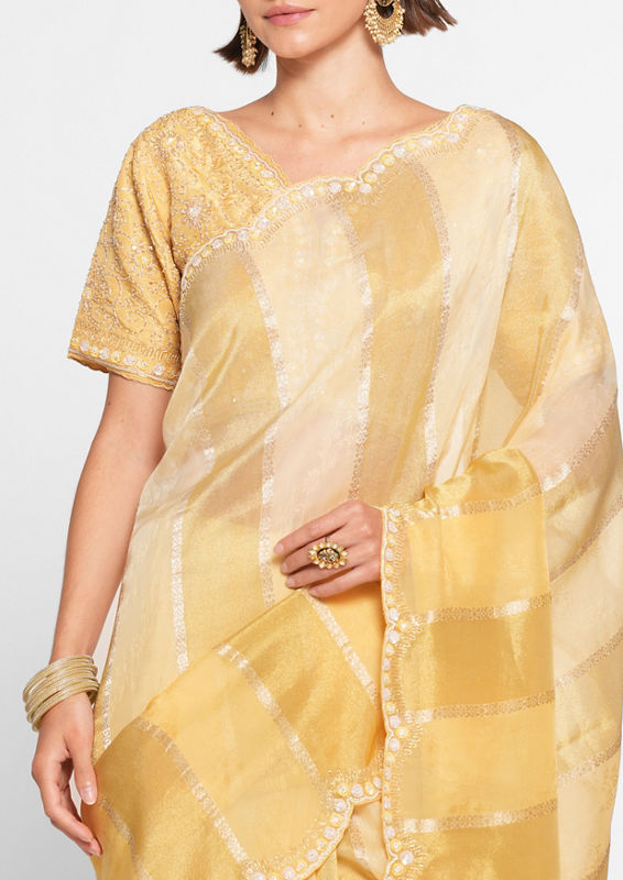 Twamev Women Majestic Light Yellow Organza Saree