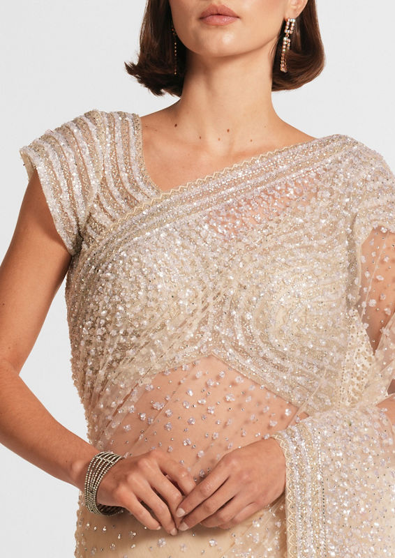 Twamev Women Cream Radiance Net Saree