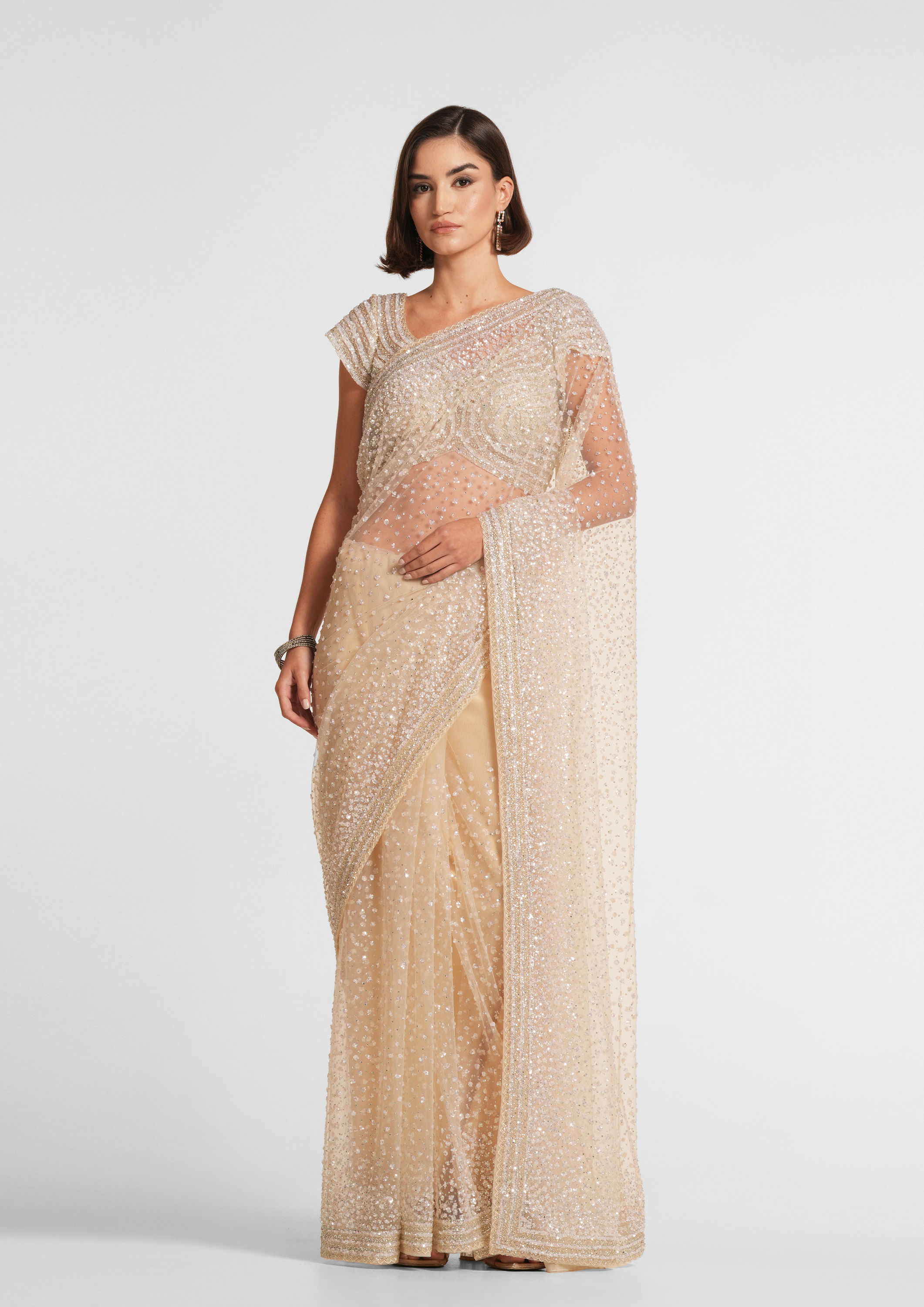 Twamev Women Cream Radiance Net Saree image number 0