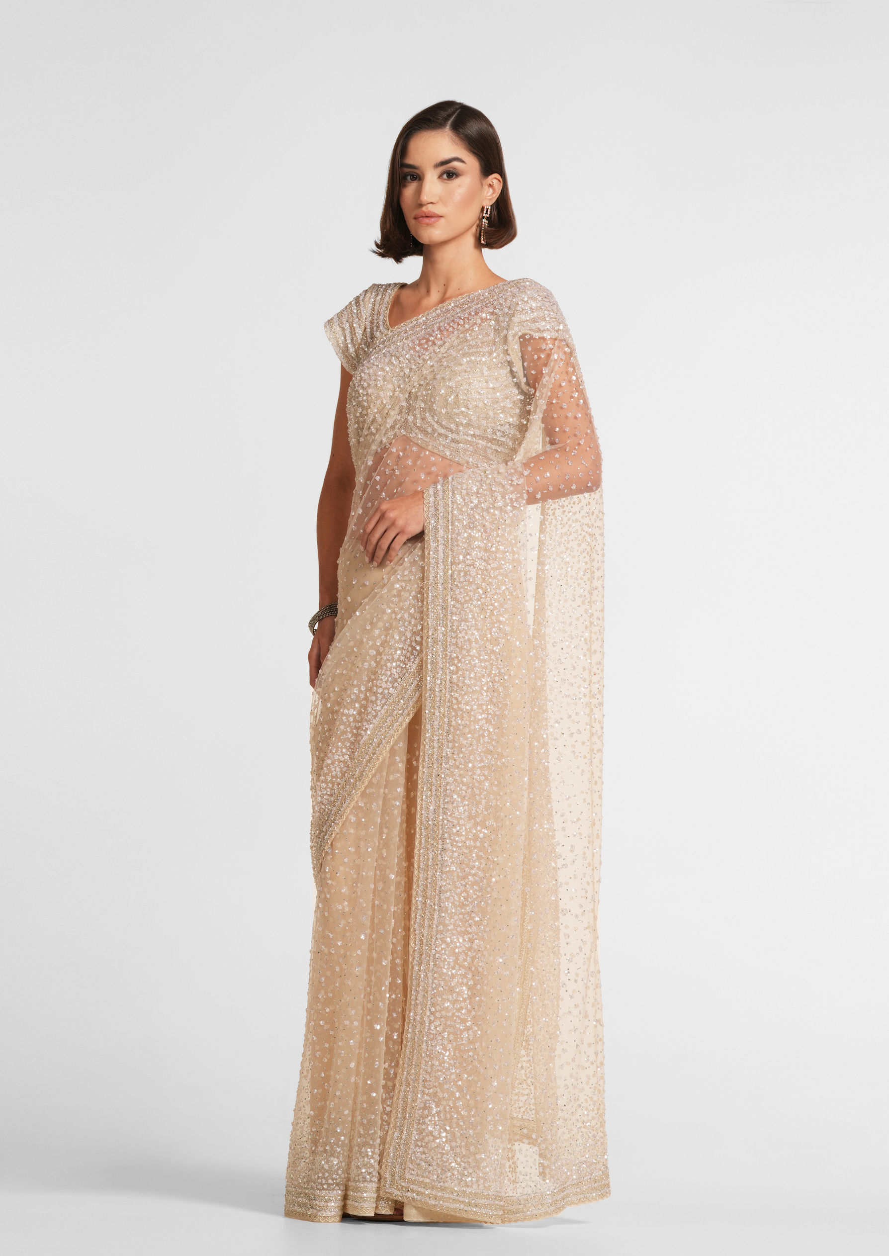 Twamev Women Cream Radiance Net Saree