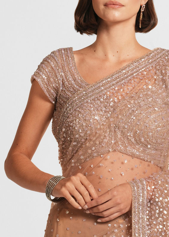 Twamev Women Beige Net Sequin Embroidered Saree with Sequin Embroidered Cap Sleeve Blouse