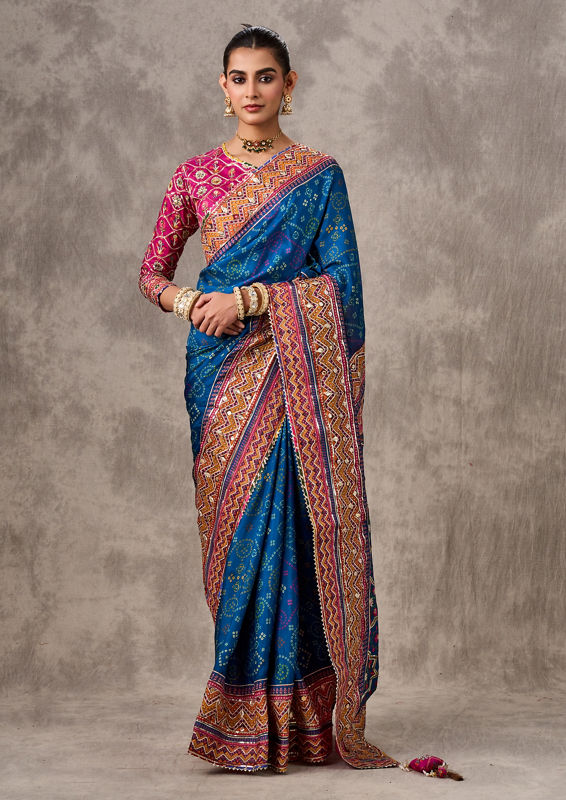 Twamev Women Enchanting Blue Satin Elegance Saree