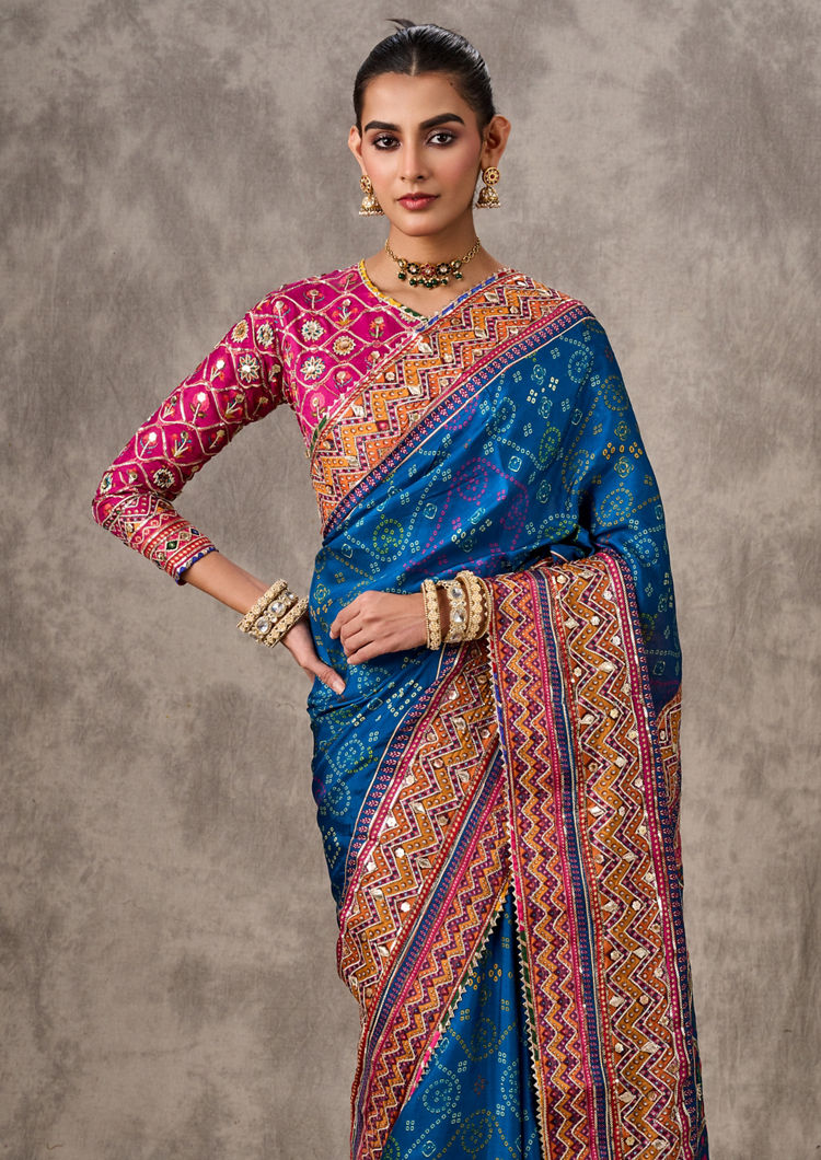 Twamev Women Enchanting Blue Satin Elegance Saree