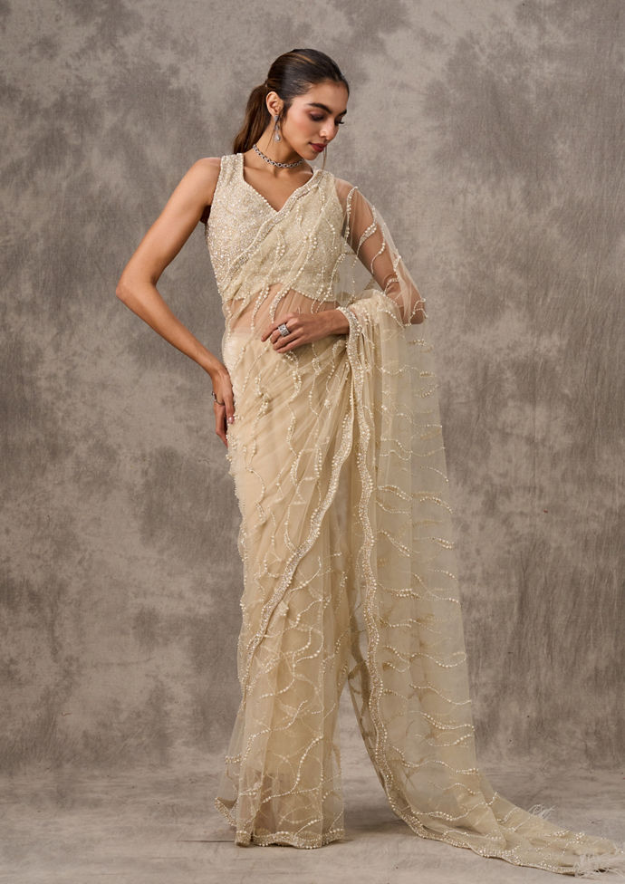 Twamev Women Cream Net Elegance Saree