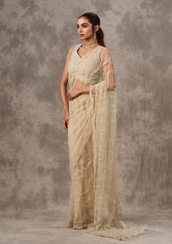 Twamev Women Cream Net Elegance Saree