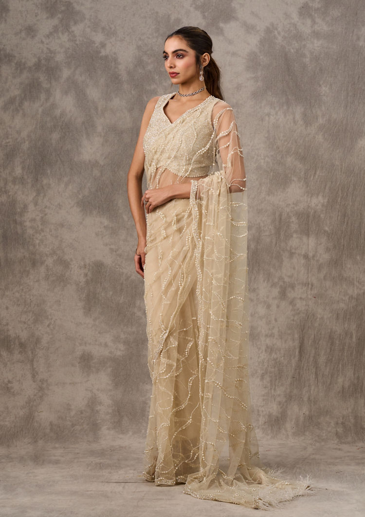 Twamev Women Cream Net Elegance Saree
