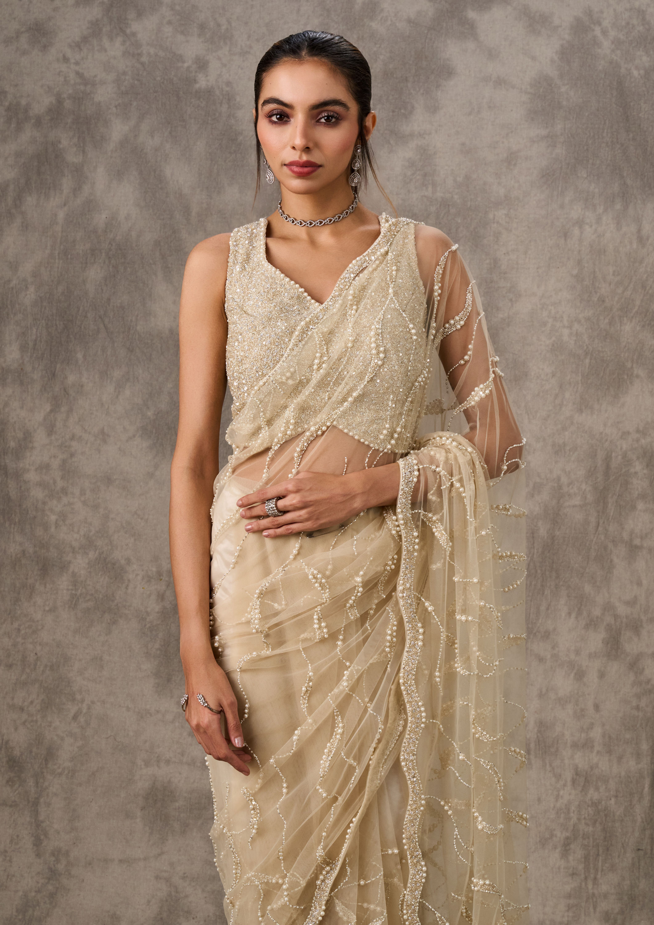Twamev Women Cream Net Elegance Saree