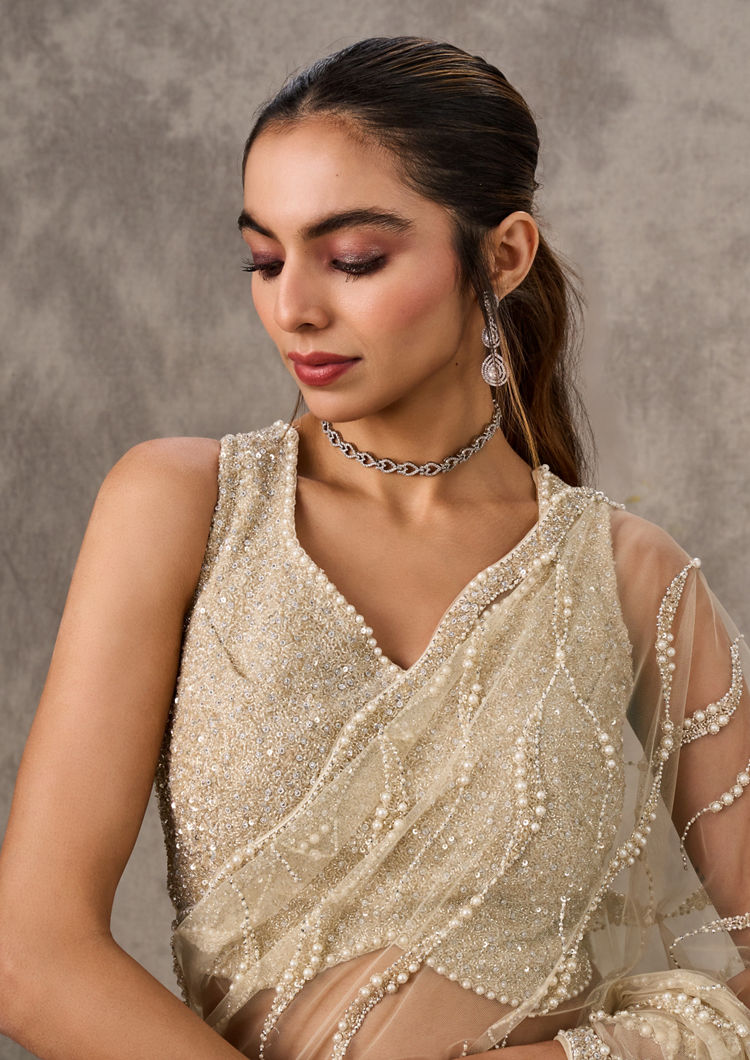 Twamev Women Cream Net Elegance Saree