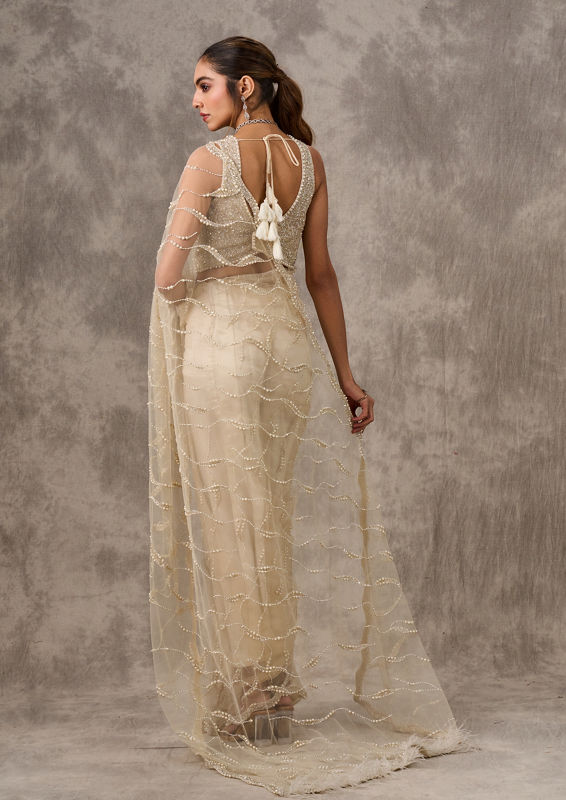 Twamev Women Cream Net Elegance Saree