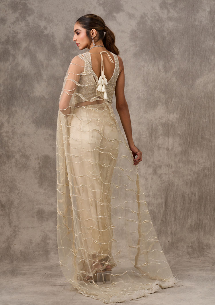 Twamev Women Cream Net Elegance Saree