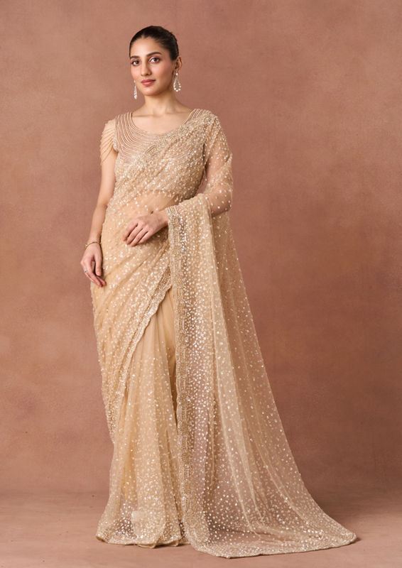 Twamev Women Beige Net Saree with Pearl Beadwork