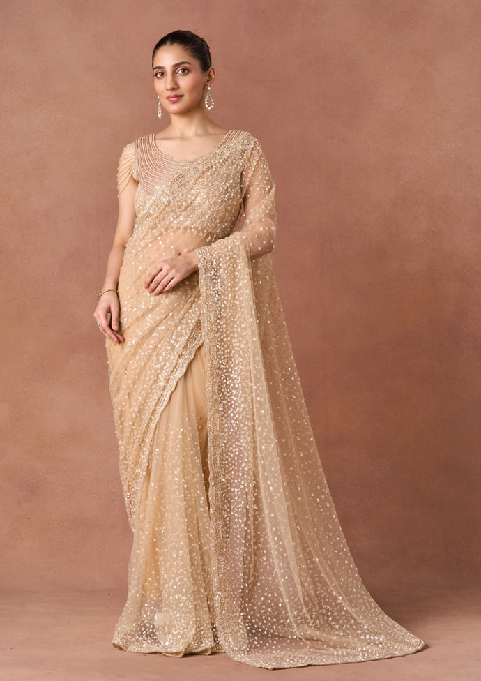 Twamev Women Beige Net Saree with Pearl Beadwork