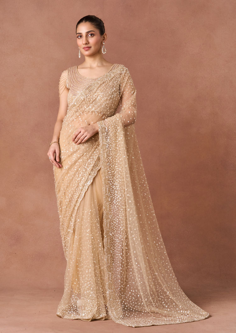 Twamev Women Beige Net Saree with Pearl Beadwork