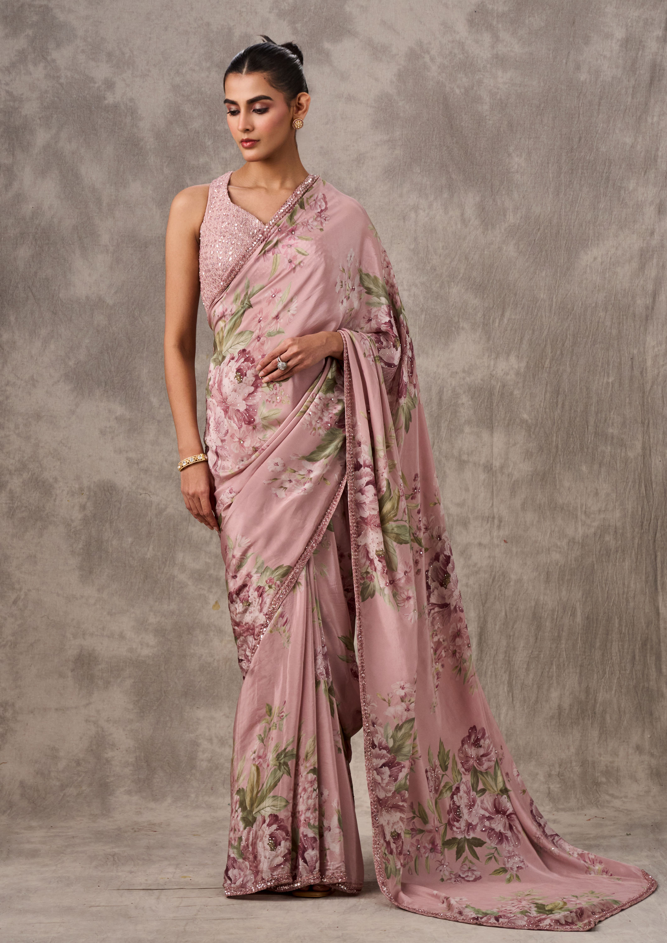 Twamev Women Light Pink Satin Elegance Saree