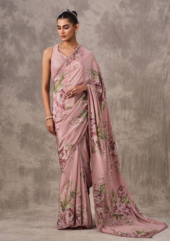 Twamev Women Light Pink Satin Elegance Saree